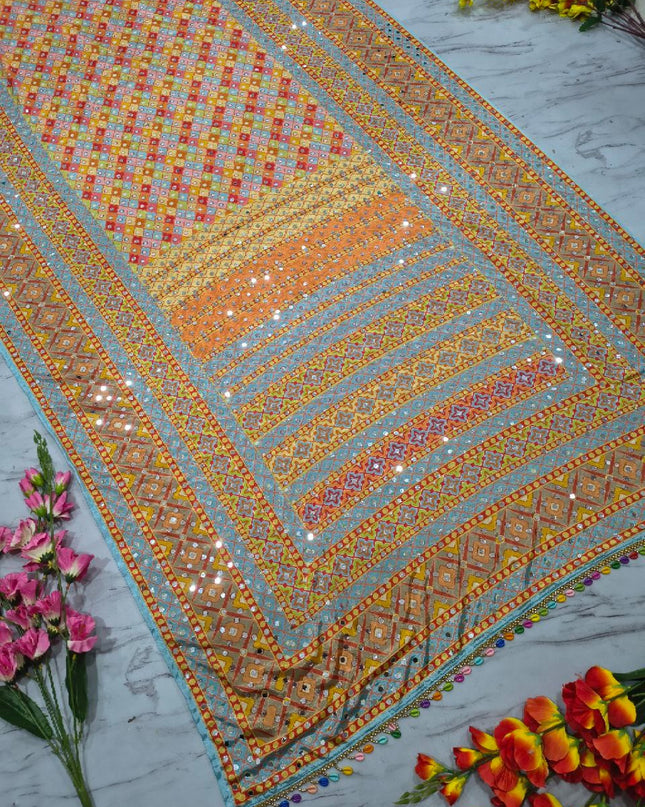 Premium Chinon Silk Saree With Beautiful Print And Mirror Work All Over With Lace On Pallu