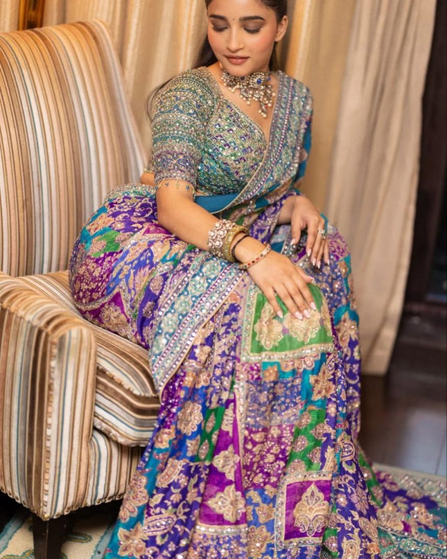 Premium Chinon Silk Printed Saree with Mirror Work