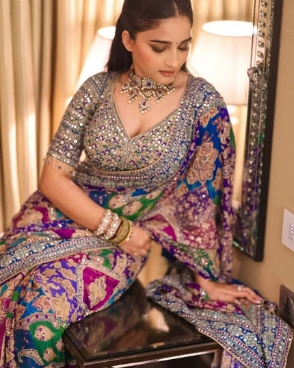 Premium Chinon Silk Printed Saree with Mirror Work