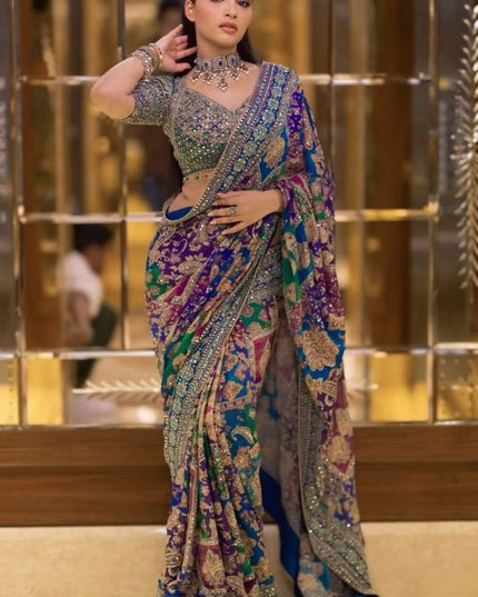 Premium Chinon Silk Printed Saree with Mirror Work