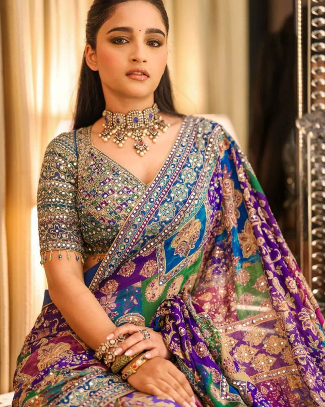 Premium Chinon Silk Printed Saree with Mirror Work