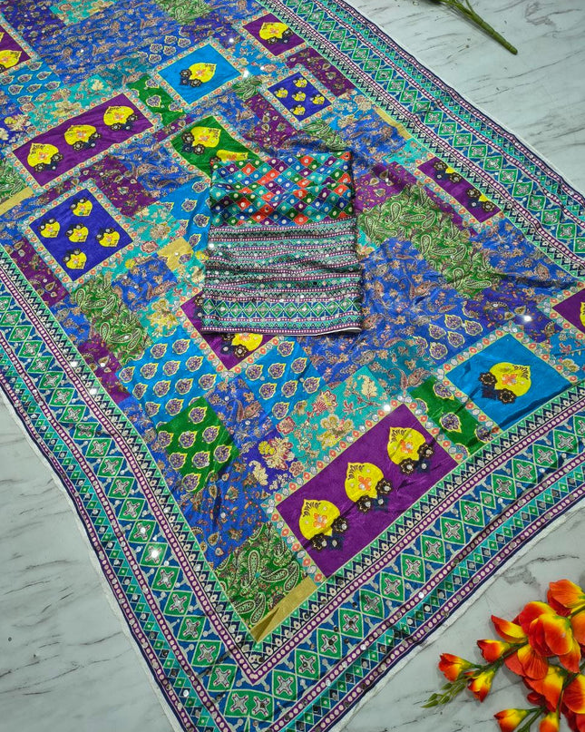 Premium Chinon Silk Printed Saree with Mirror Work