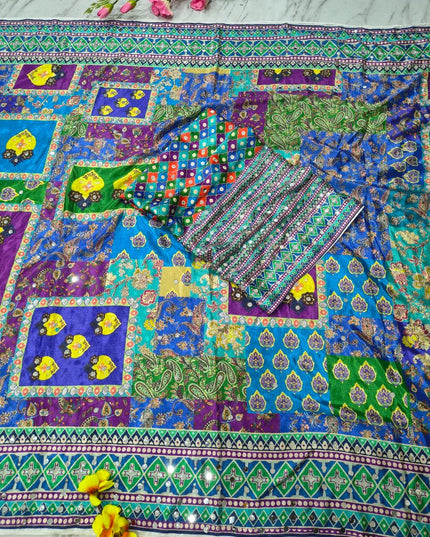 Premium Chinon Silk Printed Saree with Mirror Work