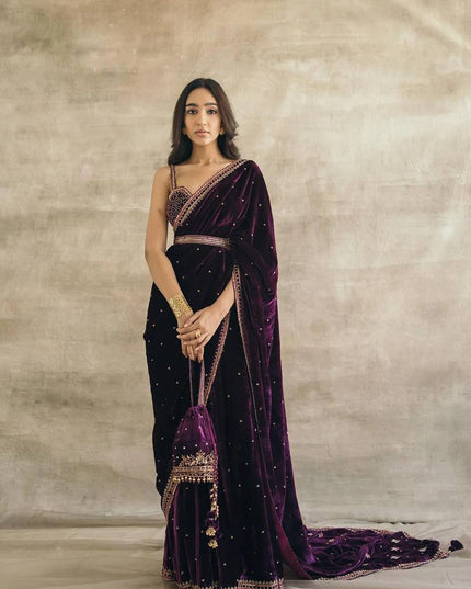 Gorgeous Velvet Saree with Sequins, Dori & Thread Work