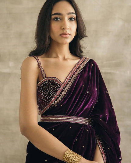 Gorgeous Velvet Saree with Sequins, Dori & Thread Work