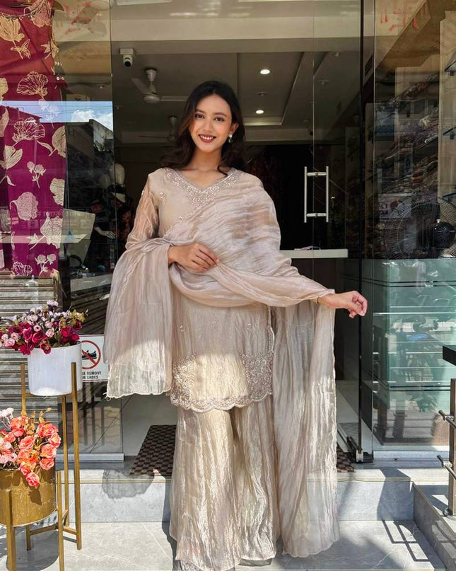 Beige Heavy Tissue Silk 3 Piece Salwar Suit Set