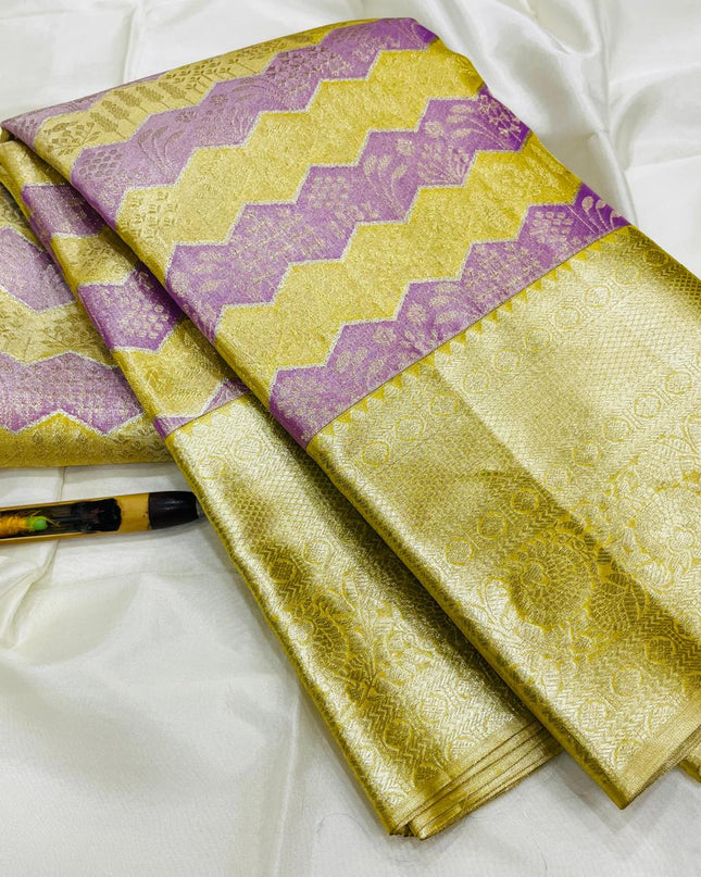 Kanchipuram Handloom Pure Silk Unique Tissue 3 Card Bridal Silk Mark Certified Saree