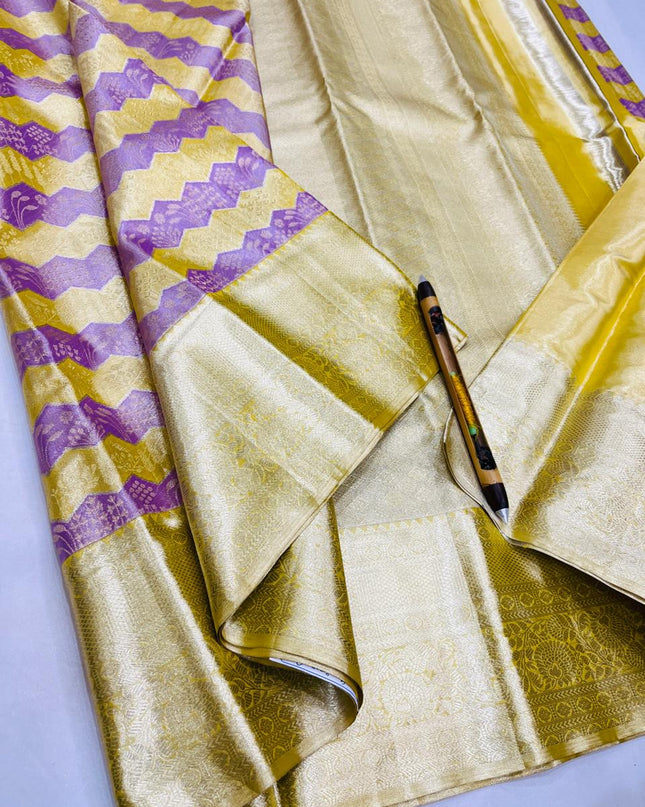 Kanchipuram Handloom Pure Silk Unique Tissue 3 Card Bridal Silk Mark Certified Saree