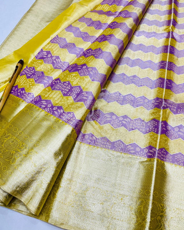 Kanchipuram Handloom Pure Silk Unique Tissue 3 Card Bridal Silk Mark Certified Saree