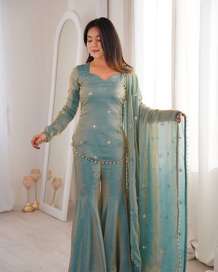 Fendy Silk Embroidery Sequence Work Sharara Palazzo Set | Fully Stitched