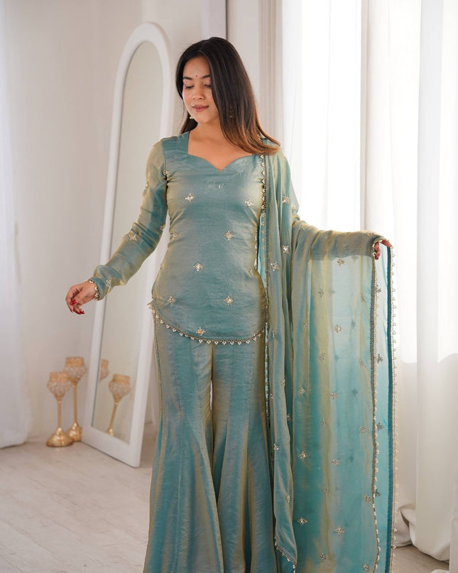 Fendy Silk Embroidery Sequence Work Sharara Palazzo Set | Fully Stitched
