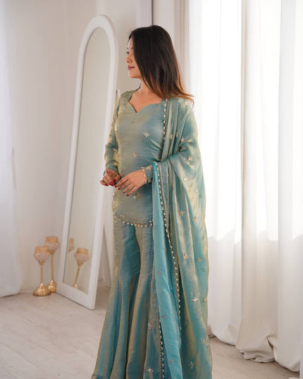 Fendy Silk Embroidery Sequence Work Sharara Palazzo Set | Fully Stitched