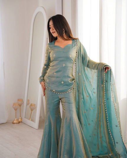 Fendy Silk Embroidery Sequence Work Sharara Palazzo Set | Fully Stitched