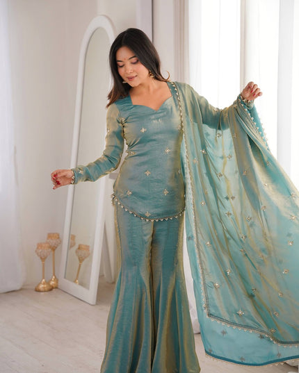 Fendy Silk Embroidery Sequence Work Sharara Palazzo Set | Fully Stitched