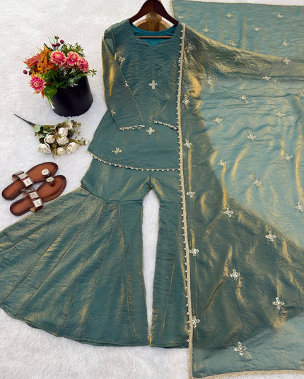 Fendy Silk Embroidery Sequence Work Sharara Palazzo Set | Fully Stitched