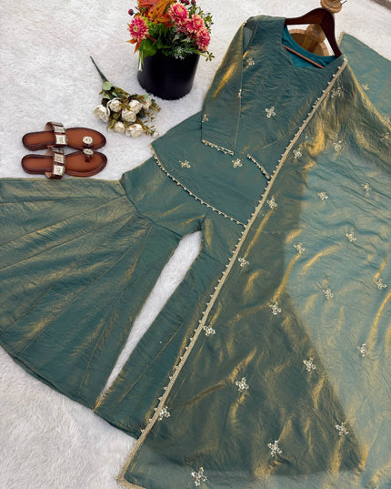 Fendy Silk Embroidery Sequence Work Sharara Palazzo Set | Fully Stitched