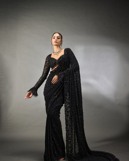 Heavy Embroidered Faux Georgette Saree with Sequin Work & Designer Blouse Piece