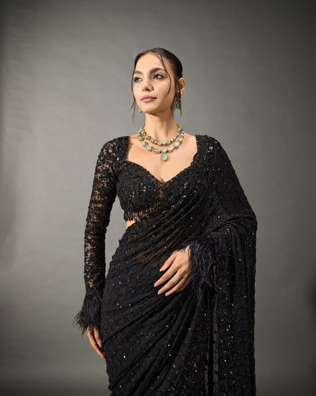 Heavy Embroidered Faux Georgette Saree with Sequin Work & Designer Blouse Piece