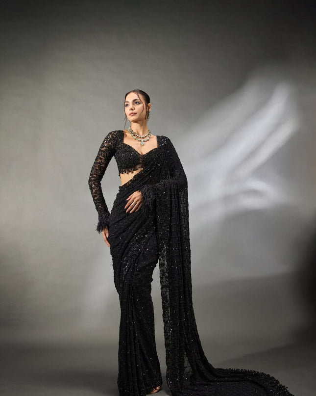 Heavy Embroidered Faux Georgette Saree with Sequin Work & Designer Blouse Piece