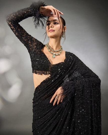 Heavy Embroidered Faux Georgette Saree with Sequin Work & Designer Blouse Piece