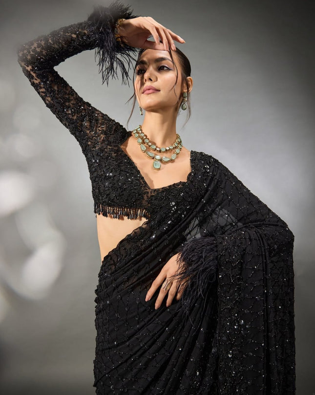 Heavy Embroidered Faux Georgette Saree with Sequin Work & Designer Blouse Piece