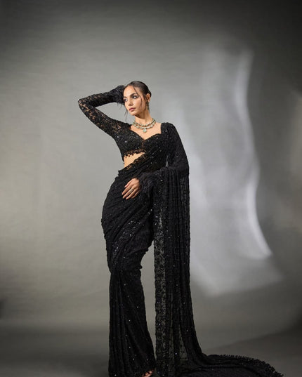 Heavy Embroidered Faux Georgette Saree with Sequin Work & Designer Blouse Piece