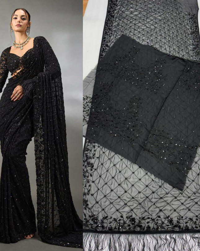 Heavy Embroidered Faux Georgette Saree with Sequin Work & Designer Blouse Piece