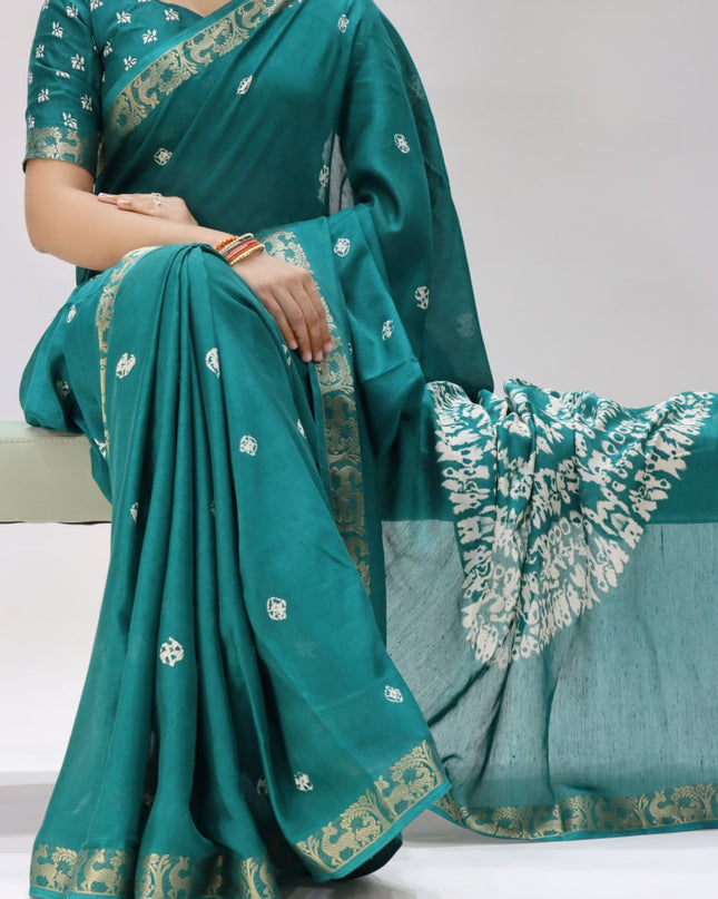 Elegant Luxurious Mull Silk Jacquard Saree with Shibori Print and Woven Border, Lightweight Drape