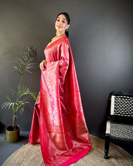 Affordable Luxury Soft Silk Saree with Ikkat Zari Weaving, Minakari Work and Contrast Border