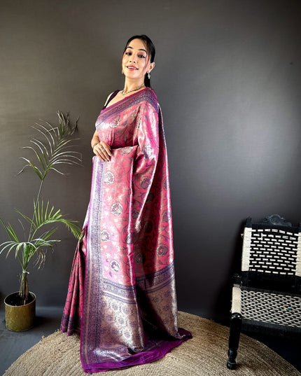 Affordable Luxury Soft Silk Saree with Ikkat Zari Weaving, Minakari Work and Contrast Border