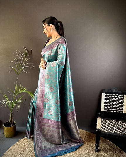 Affordable Luxury Soft Silk Saree with Ikkat Zari Weaving, Minakari Work and Contrast Border