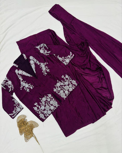 Designer Ready-to-Wear Drape Chinnon Silk Saree with Embroidered Jacket Blouse