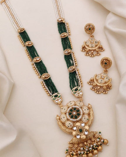 Designer Matt Gold Finish Necklace Set with Handcrafted Detailing and Statement Earrings