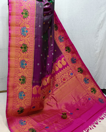 Premium Bridal Handmade Gadwal Paithani Pure Silk Saree with Fancy Pallu, All-Over Butta and Contrast Blouse