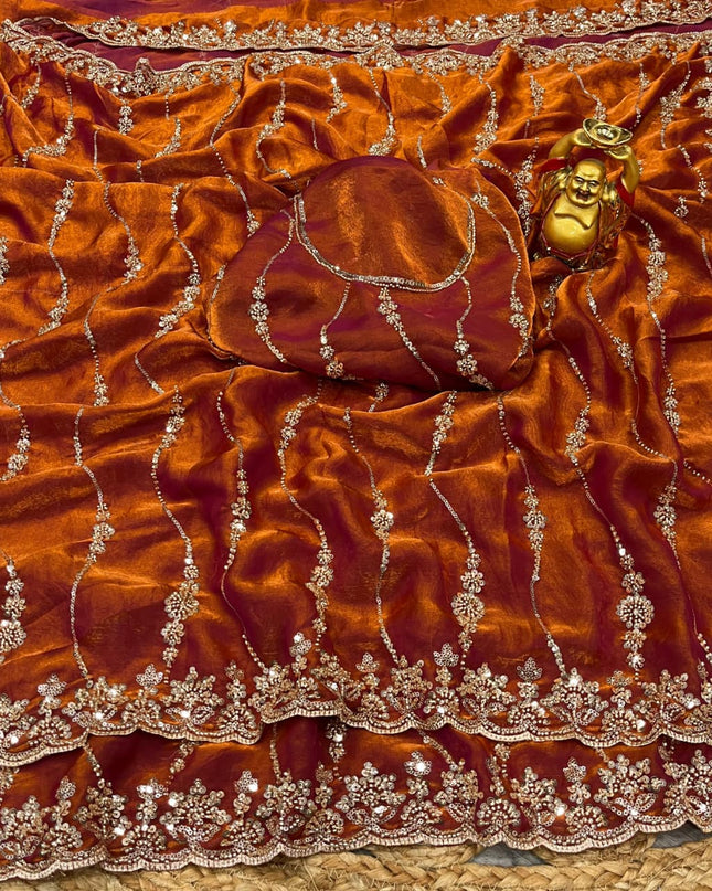 Affordable Luxury Soft Luxe Silk Gold Beads Work and Cutwork Border Saree With Heavy Worked Fancy Blouse Piece