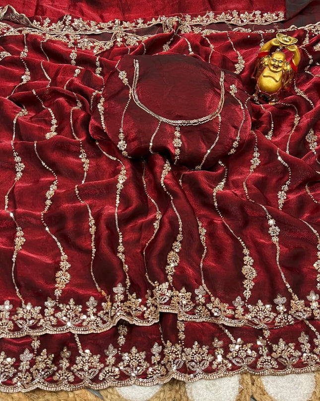 Affordable Luxury Soft Luxe Silk Gold Beads Work and Cutwork Border Saree With Heavy Worked Fancy Blouse Piece