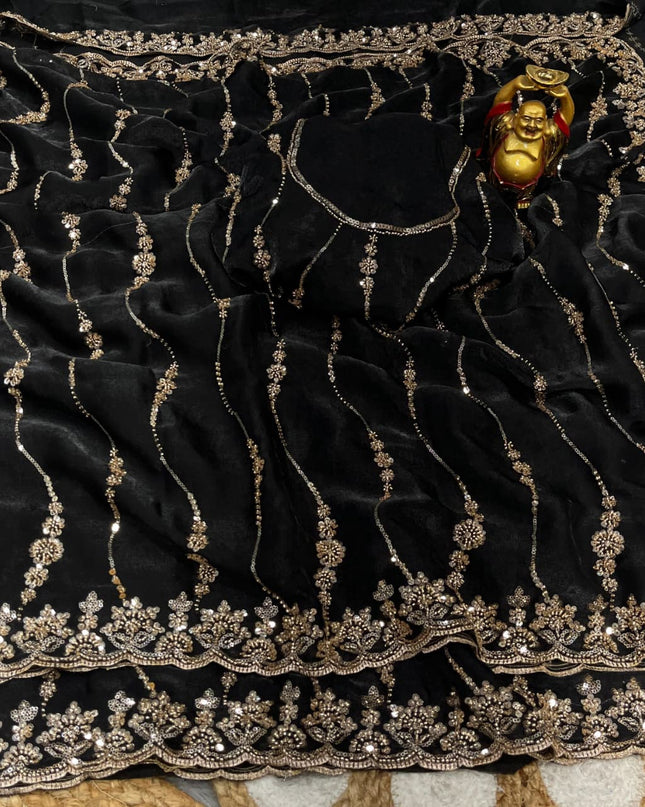 Affordable Luxury Soft Luxe Silk Gold Beads Work and Cutwork Border Saree With Heavy Worked Fancy Blouse Piece