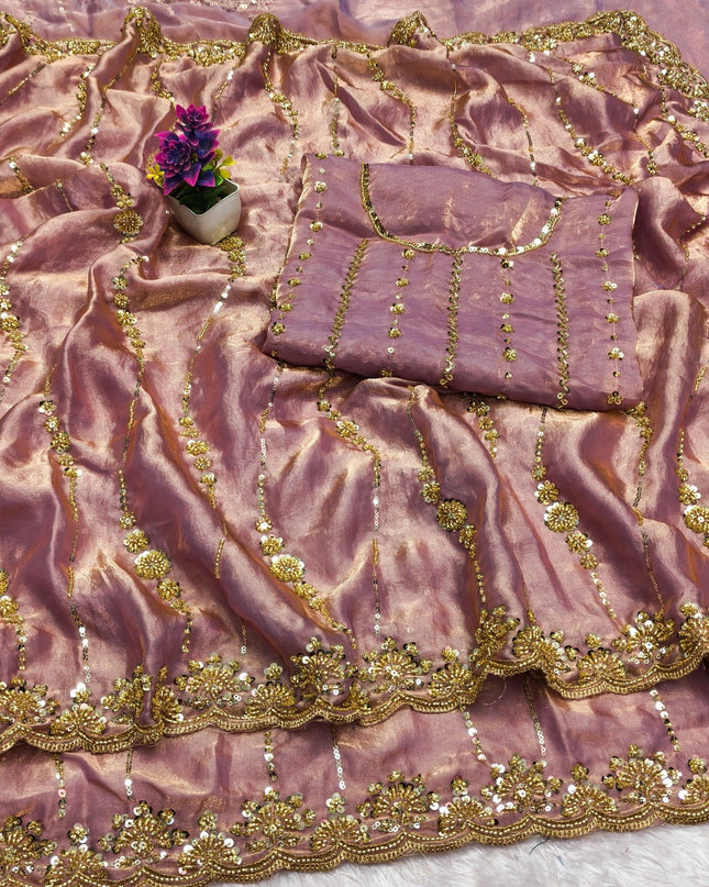 Affordable Luxury Soft Luxe Silk Gold Beads Work and Cutwork Border Saree With Heavy Worked Fancy Blouse Piece