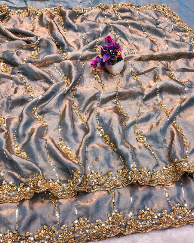 Affordable Luxury Soft Luxe Silk Gold Beads Work and Cutwork Border Saree With Heavy Worked Fancy Blouse Piece
