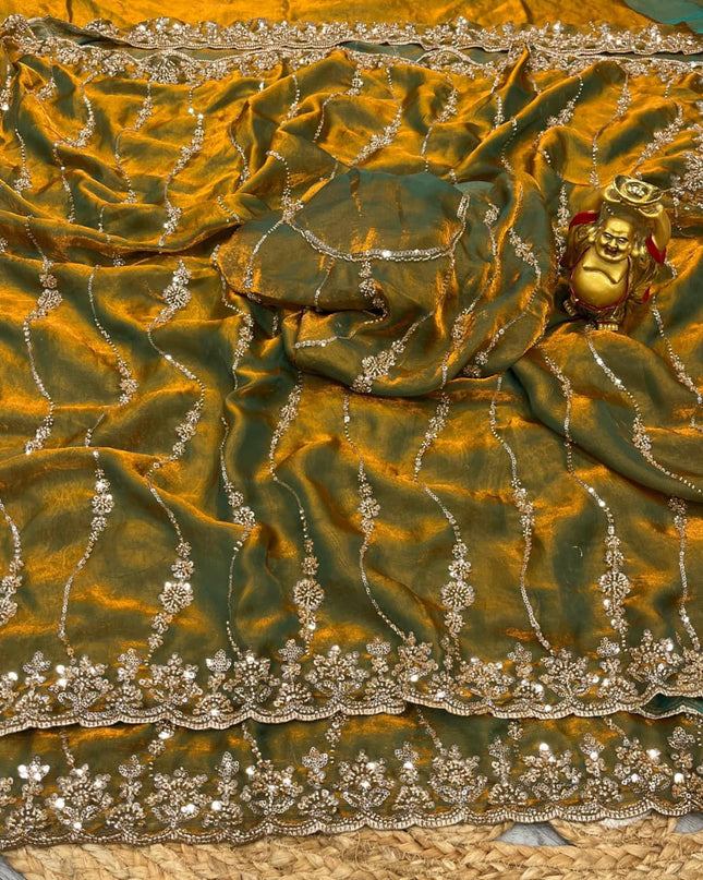 Affordable Luxury Soft Luxe Silk Gold Beads Work and Cutwork Border Saree With Heavy Worked Fancy Blouse Piece