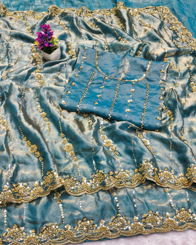 Affordable Luxury Soft Luxe Silk Gold Beads Work and Cutwork Border Saree With Heavy Worked Fancy Blouse Piece
