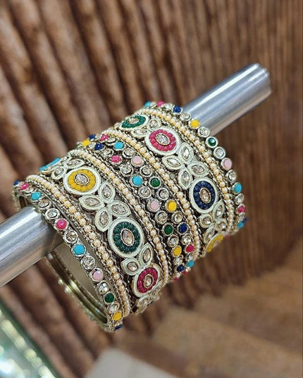 Artisanal Stone Set Bangles with Kundan Work Handcrafted Festive and Wedding Jewelry