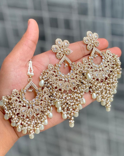 Elegant Reverse AD Stone Work Earrings with Matching Tika