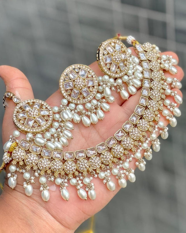 Premium Reverse AD Stone Work Choker Set with Matching Jhumki Earrings & Round Tikka