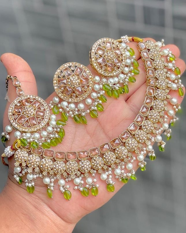 Premium Reverse AD Stone Work Choker Set with Matching Jhumki Earrings & Round Tikka