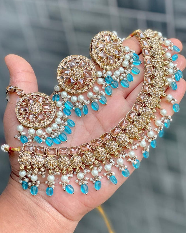 Premium Reverse AD Stone Work Choker Set with Matching Jhumki Earrings & Round Tikka