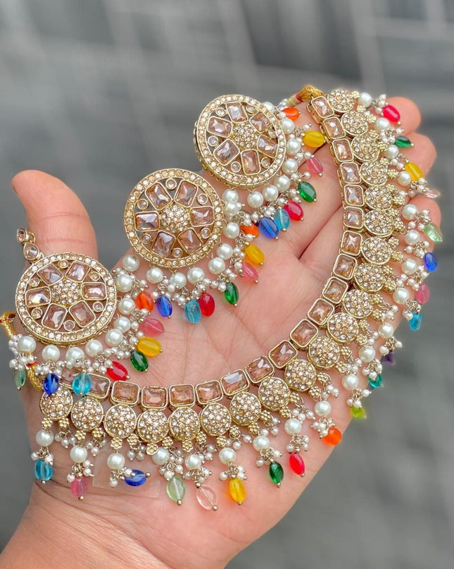 Premium Reverse AD Stone Work Choker Set with Matching Jhumki Earrings & Round Tikka