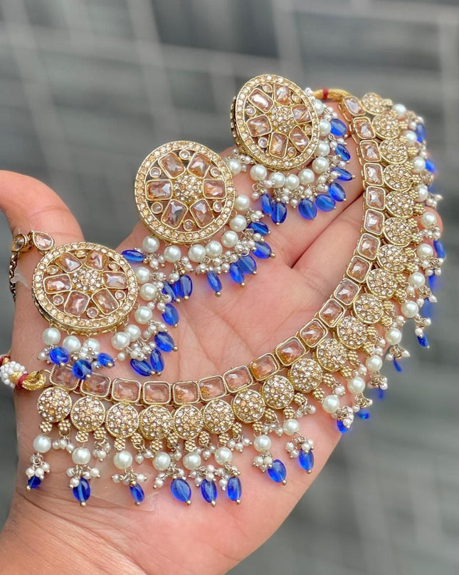 Premium Reverse AD Stone Work Choker Set with Matching Jhumki Earrings & Round Tikka