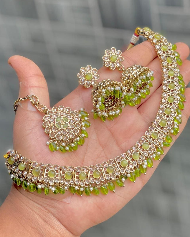 Premium Reverse AD Stone Work Choker Set with Jhumki Earrings & Floral Tikka