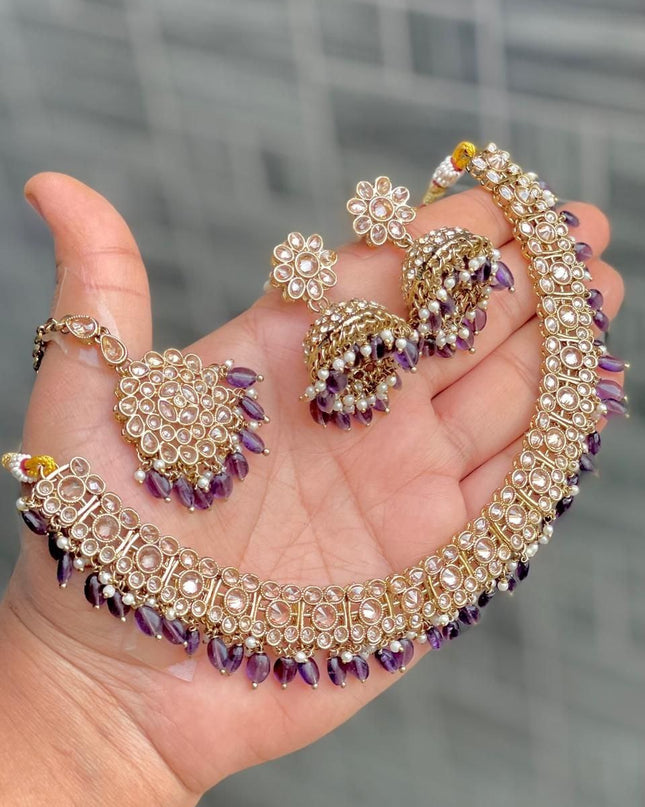 Premium Reverse AD Stone Work Choker Set with Jhumki Earrings & Floral Tikka